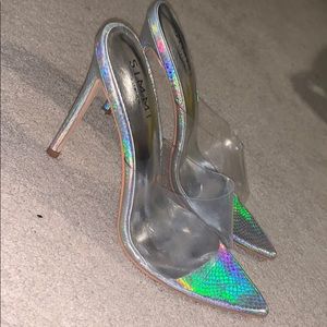 Snake print stiletto mules